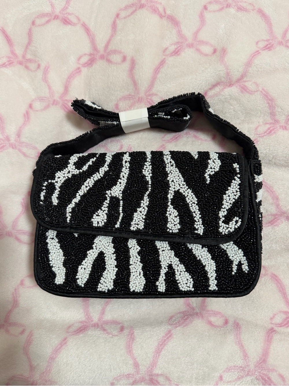 Beaded Zebra Pattern Shoulder Bag - Black & White